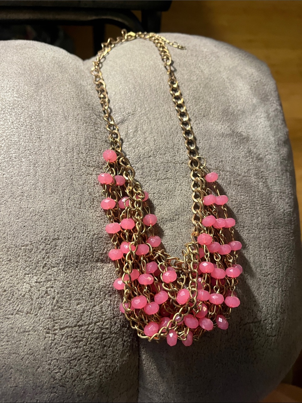 Gold Chain Layered Necklace with Pink Beads 1982